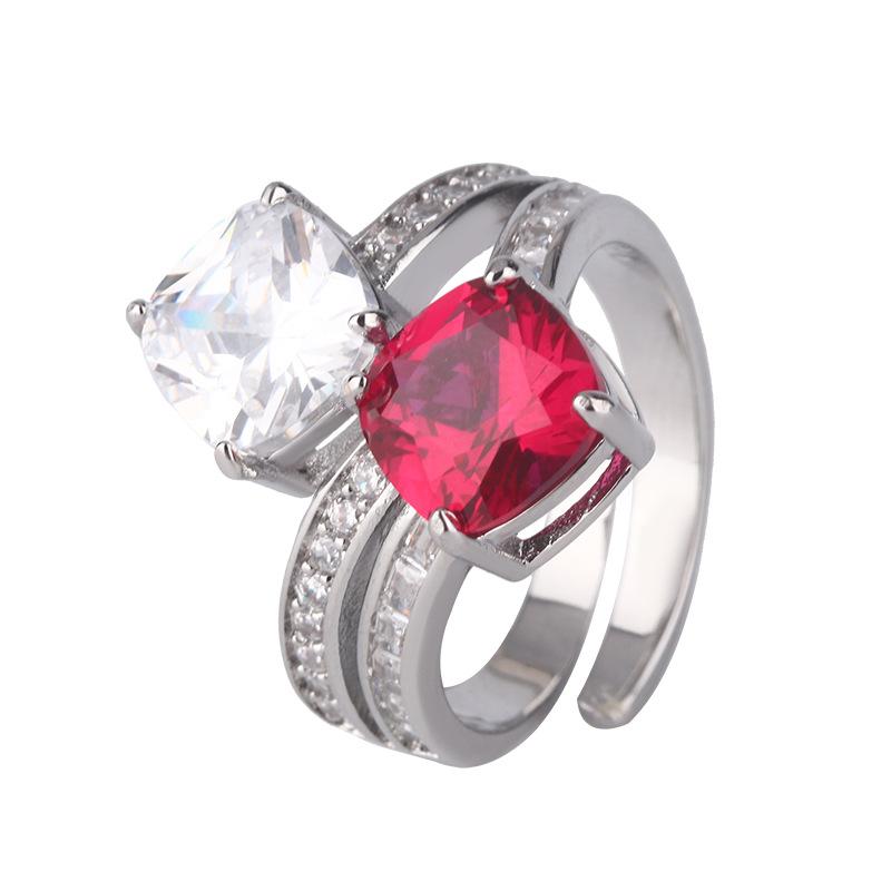 Schmuck Kupferboden Vergoldet Simulationsfarbe Schatz Korund Fett Quadrat Zweifarbiger Stein Temperament Ring Damen 8 * 8