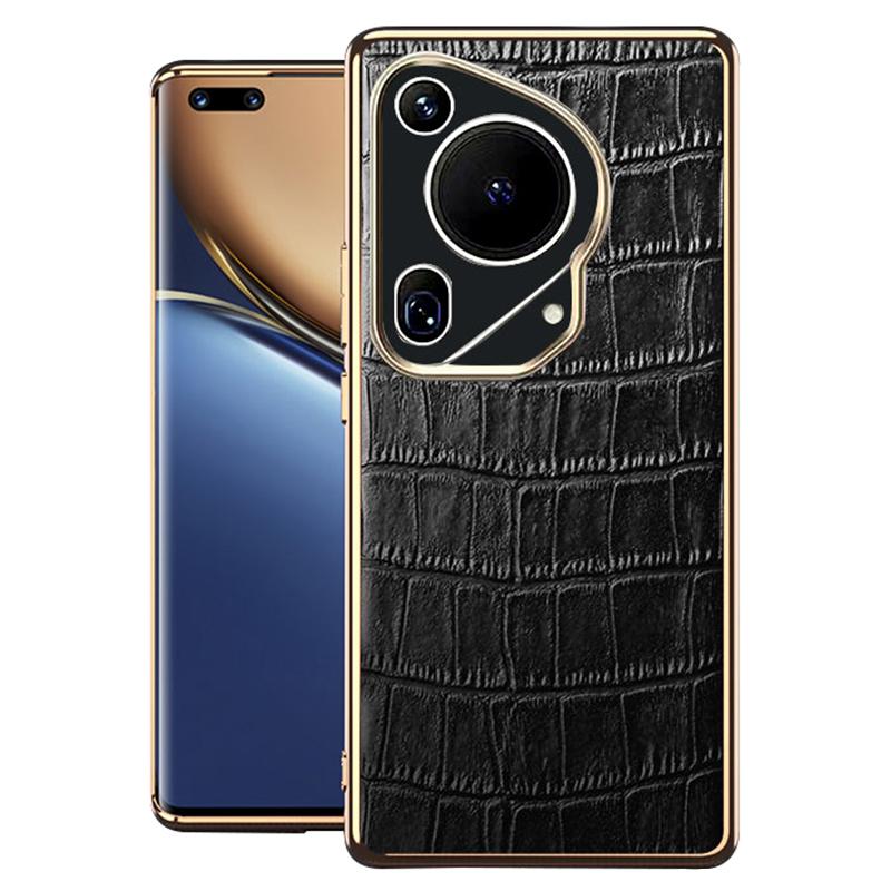 

For Huawei Pura 70 Ultra Case Crocodile Texture Anti-Fall Genuine Cow Leather+TPU Phone Cover Black