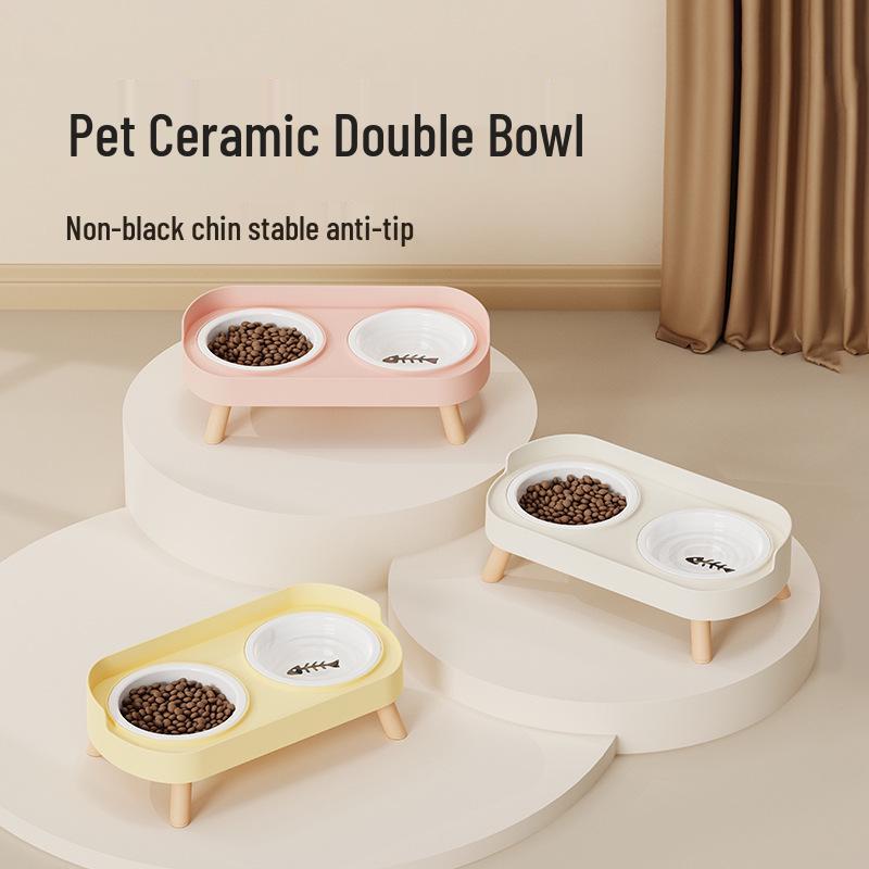 Cross-Border Stainless Steel & Ceramic Dual Cat & Dog Bowl: Anti-Tip, Splash-Proof, Neck Protection Design for Food & Water.