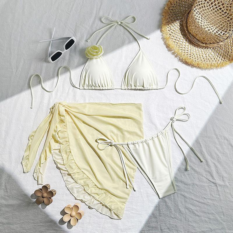 

Новый Сексуальный Однотонный Набор из Трех Предметов с Розой Сетка Короткая Юбка Купальник Бикини Купальный Костюм для Женщин Купальник Женский L белый