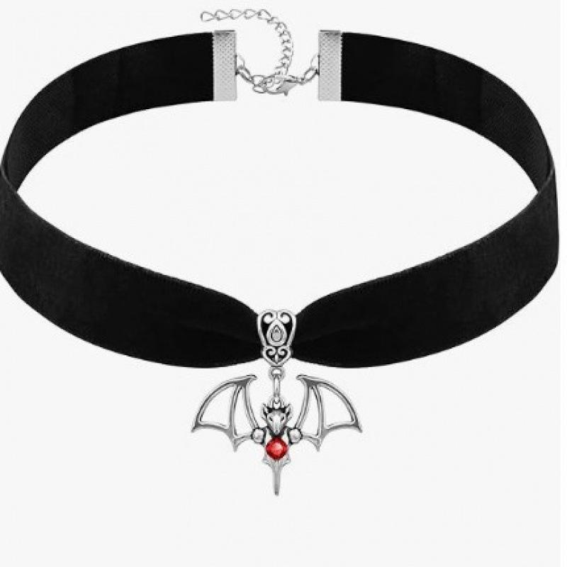 Gothic Red Bat Velvet Rose Choker Necklace