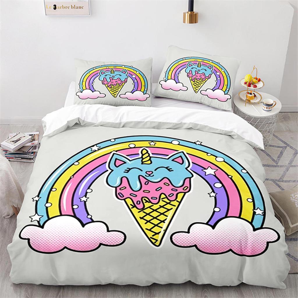 Kids Unicorn Duvet Cover Cartoon Magical Animal Microfiber Cute Rainbow Cat for Children Girls Teen Gifts for Bedroom Decoration
