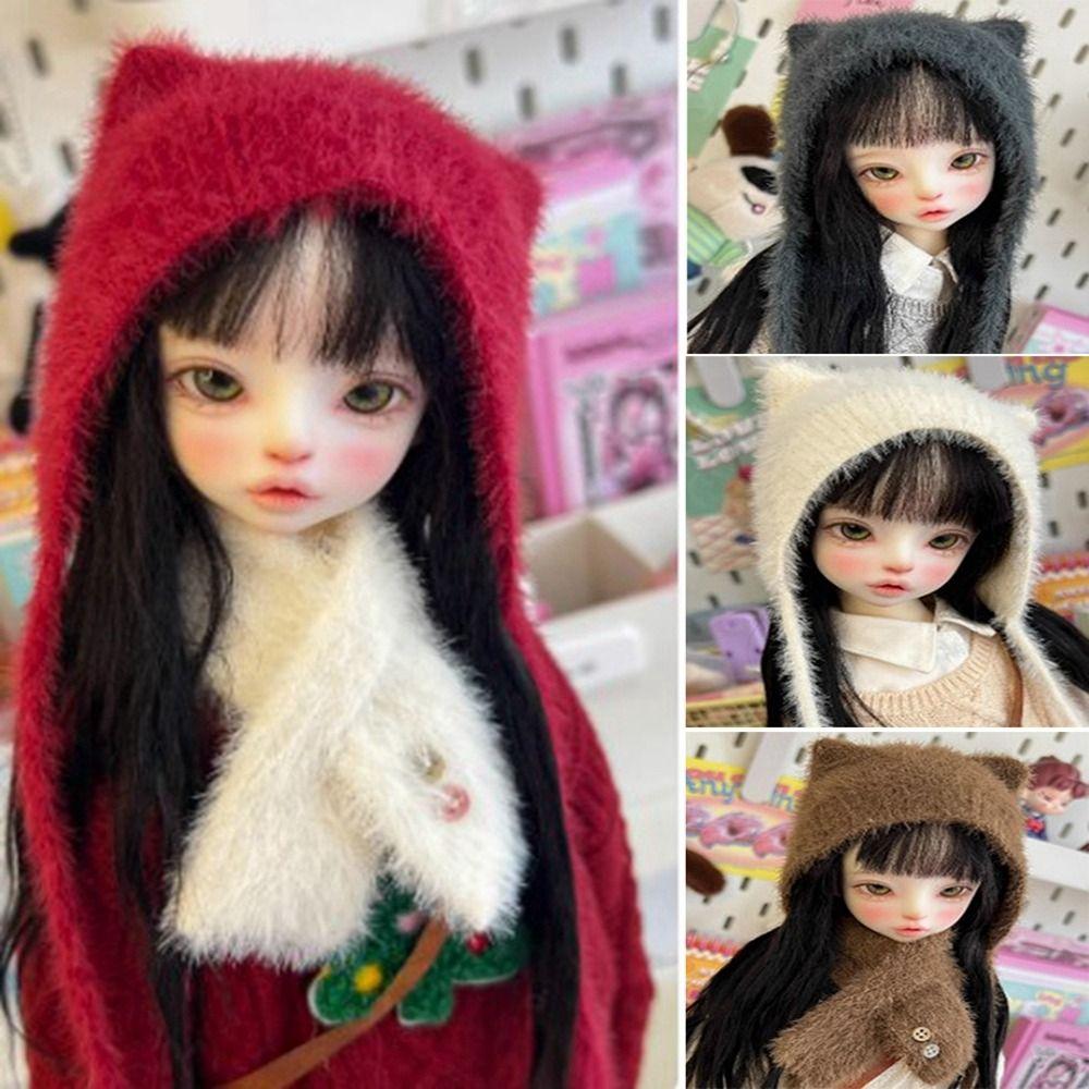 Módní chlupatá čepice s kočičími uši DIY ručně pletená vlněná čepice šála pro panenky 1/4 1/6 BJD 30/45cm