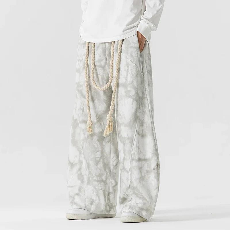2026 Men Flared Pants Chinese Style Men Tie-Dye Wide Leg Pants Autumn Fashion Unisex Baggy Trousers Male Streetwear Sweatpants
