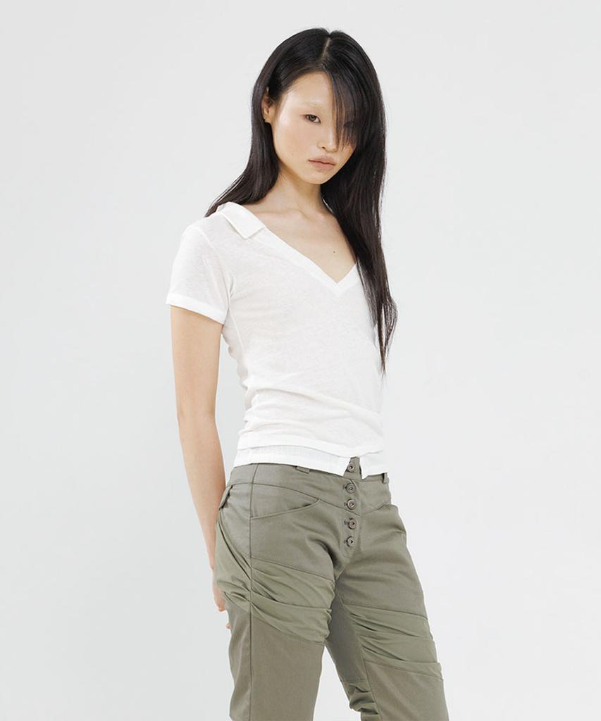 WET TAG Layered Deep V-Neck Collar T-Shirt Cream
