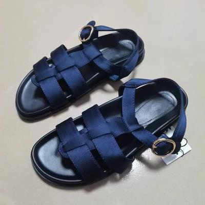 Woman Wide Buckle Strap Sandals Ink Blue Round Toe Peep Toe Sandals Summer Casual Flat Sandal Chic Flatform Roman Sandals Shoes