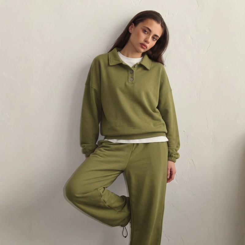 2026 Womens 2-Piece Casual Set Long Sleeve Polo Top Wide Leg Pants Sportswear
