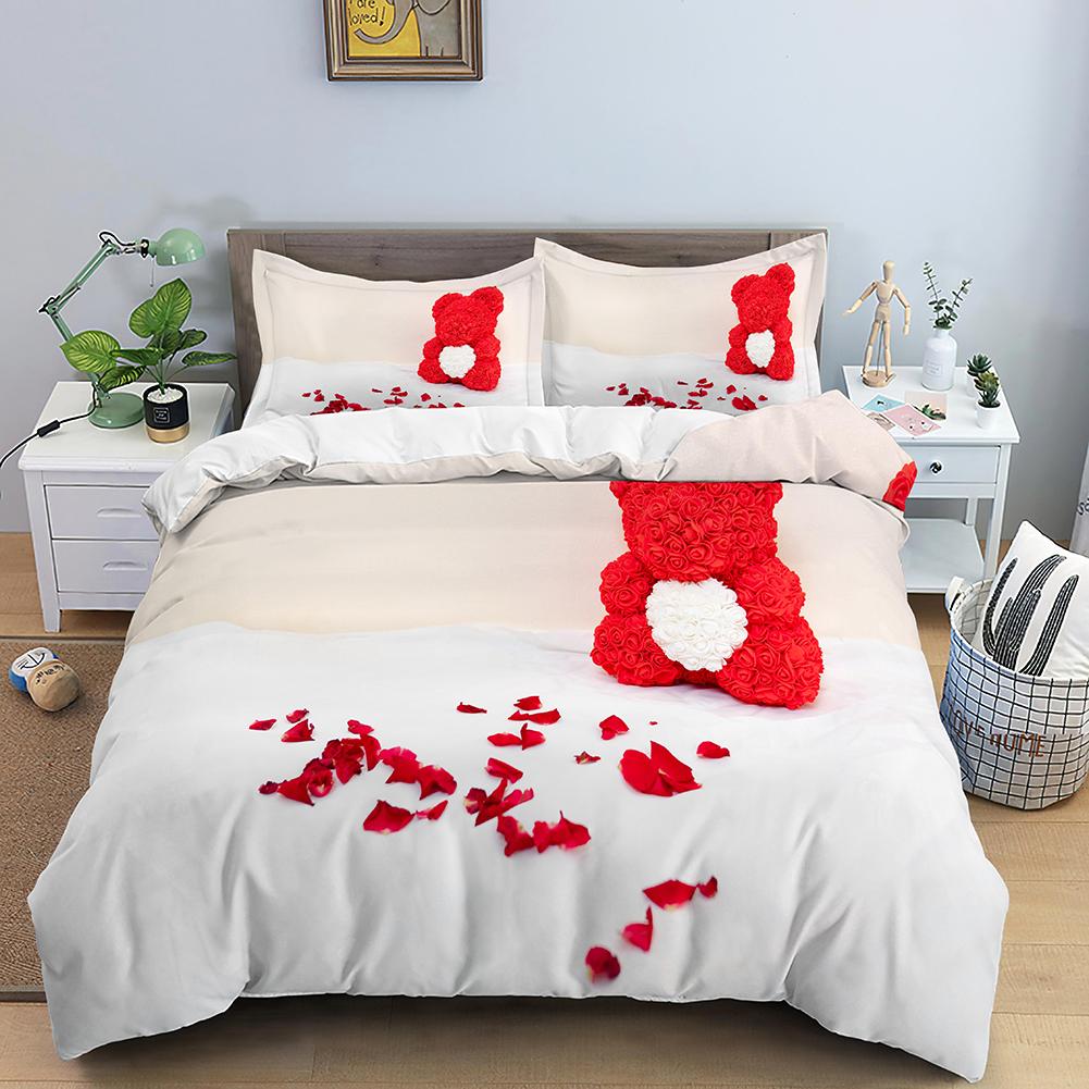3D Romantiskt Alla hjärtans dag Påslakan Röd Ros Björn Tryckt Påslakan för Flicka Queen Quiltöverdrag Kuddfodral Lyxigt Överdragset