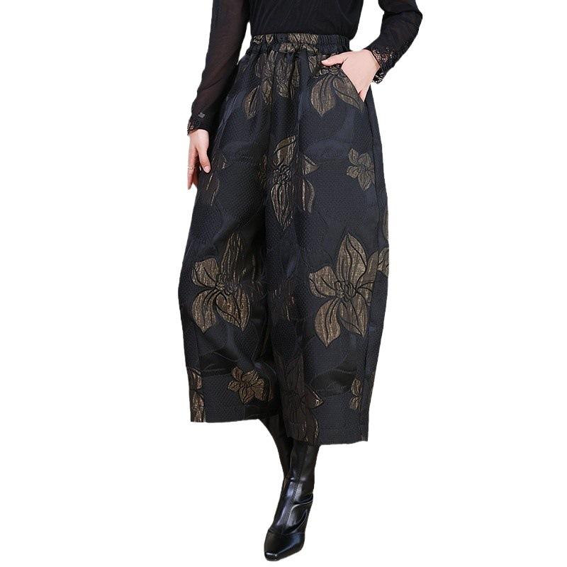 Bloomers Women's Winter Fleece Thickened Bud Pants High Waist Printed Wide Leg Pants Casual Pants