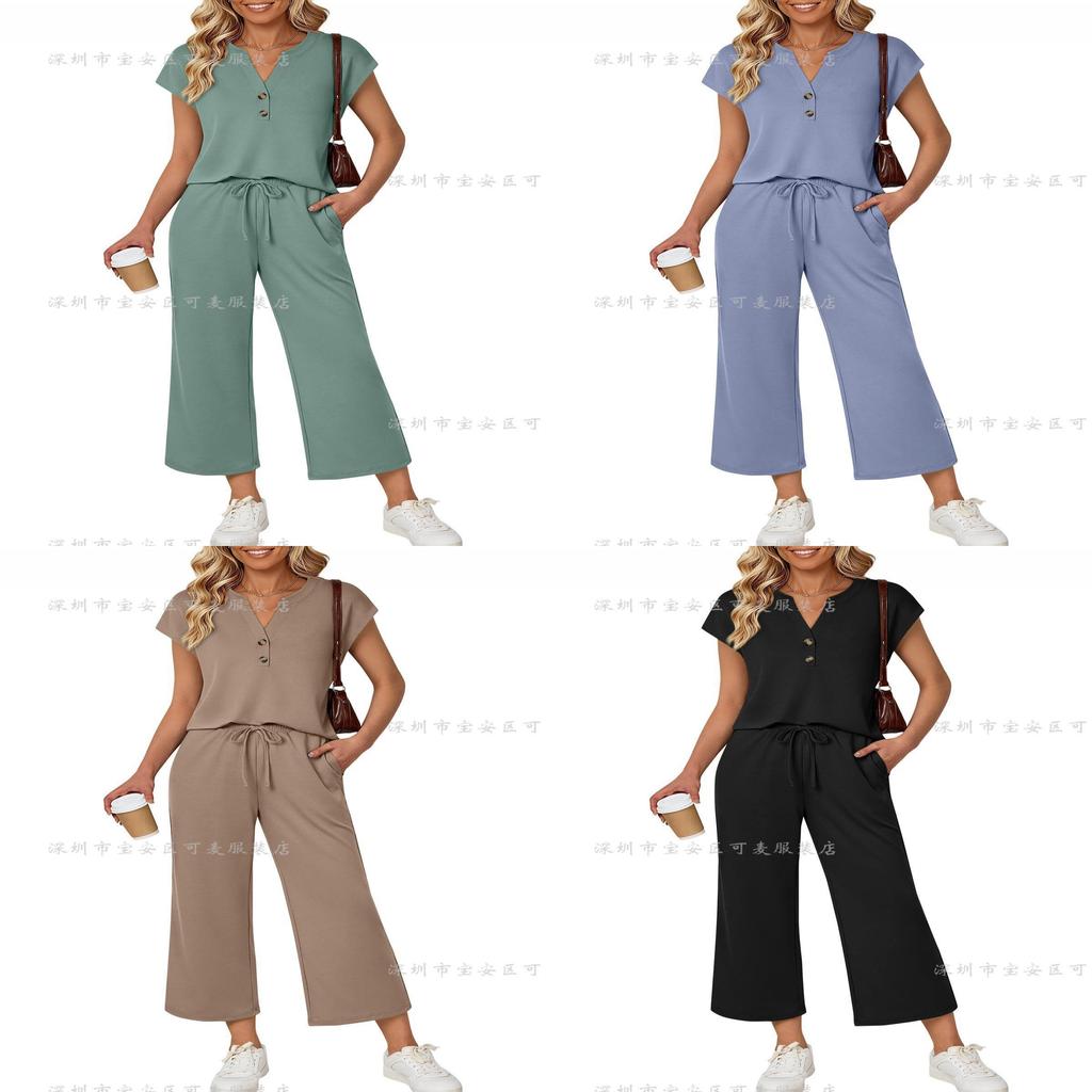 Ensemble Deux Pièces Uni à Manches Courtes pour Femmes en Tissu Polyester Décontracté Printemps Été