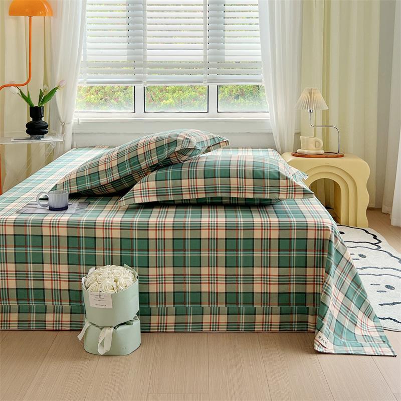Green Check Raw Cotton Bed Sheets For Double Bed All Seasons Bed Cover Full Set Queen/King Size Flat Top Sheets No Pillowcase