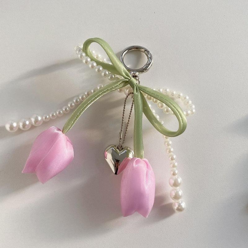 1 ks Přívěsek na tašku s mašlí, perlou a tulipánem, klíčenka, šperk pro ženy, klíčenky, DIY dekorace