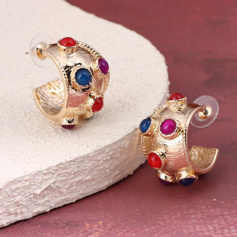 Multi Color Glass Inlay Metal Post Earrings For Women Vintage New Style Fashion Jewelry Daily Wear Accessories Gifts