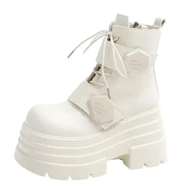 Fashion 10.5CM Winter Women Thick Sole Warm Fur Ankle Boots Platform Leather Motorcycle Boots High Heels Plush Chunky Punk Shoes Woman