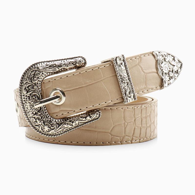 Womens Retro Alloy Belt Set With Embossed Buckle For Casual And Office Wear