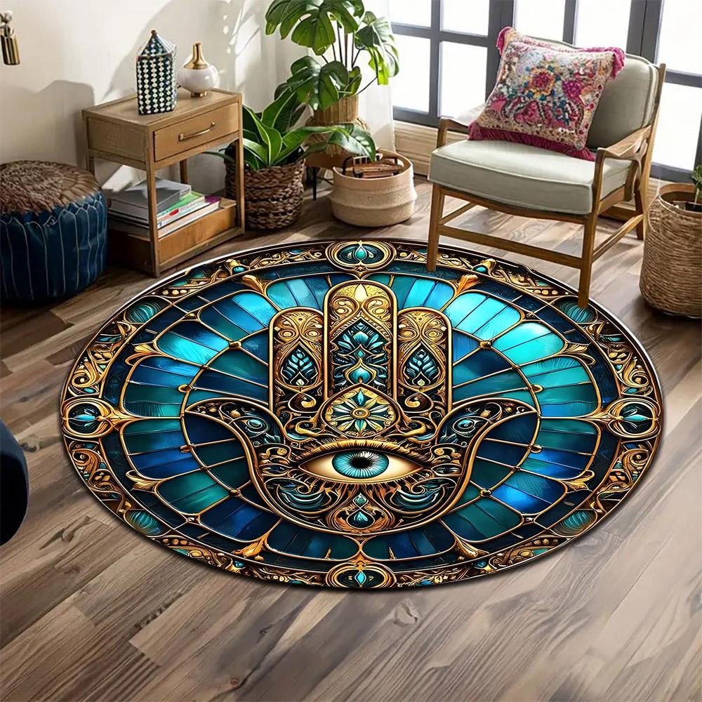 "Intricate Hamsa with Mystic Eye" Print round rug, living room, bedroom, playroom carpet, non slip floor mat, gift