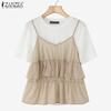 ZANZEA Women Casual Round Neck Summer Patchwork Short Sleeve T-shirt