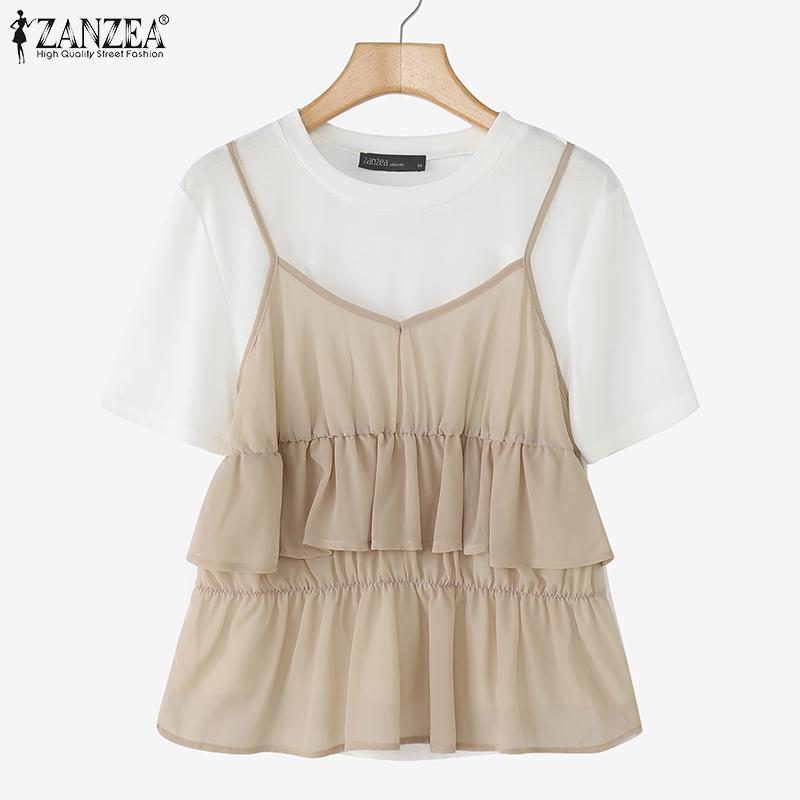 ZANZEA Women Casual Round Neck Summer Patchwork Short Sleeve T-shirt