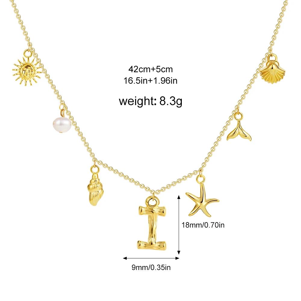 Boho A-Z Initial Letter Pendant Necklace Gold Color Beach Shell Starfish Pearl Necklace Women's Charm Jewelry Party Gift