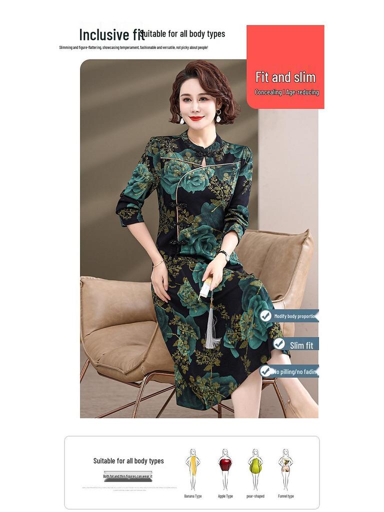Cheongsam-Kleid für Damen mittleren Alters, Herbst 2025: Eleganter langer Stil