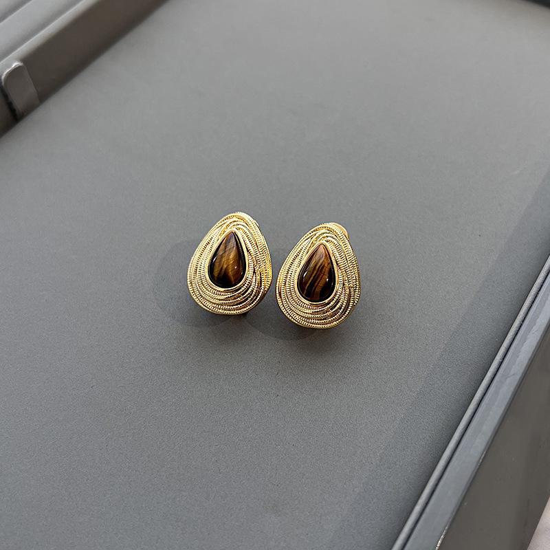 

Женское ретро кофейное ожерелье Maillard и универсальные серьги с камнем тигровый глаз , высококачественная ключичная цепочка RF118 золотой