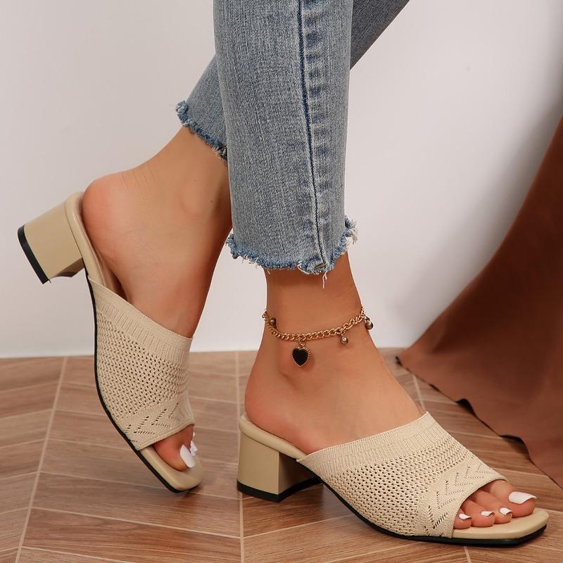 Fashion Block Heel Knitted Fashion Square Toe Open Toe Slip Slippers Women's New Summer Outside Wear All-match High Heels