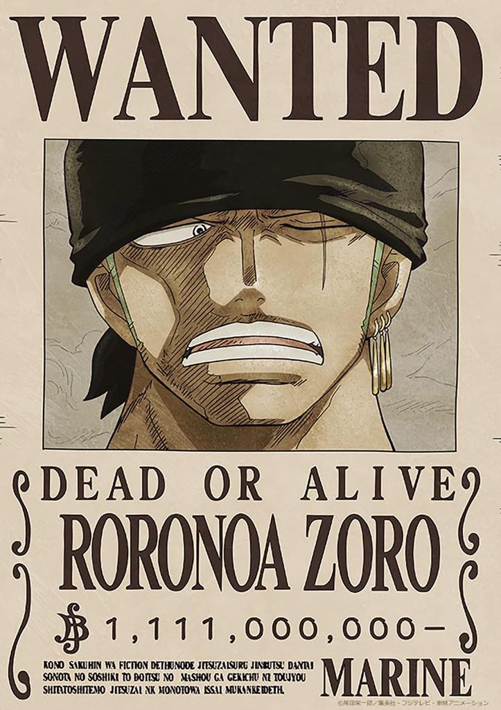 ONE PIECE Official Wanted Poster Wall Made in 42cm x billion Sticker, Japan, 29.7cm (op-442 Zoro, 1.111 bounty)