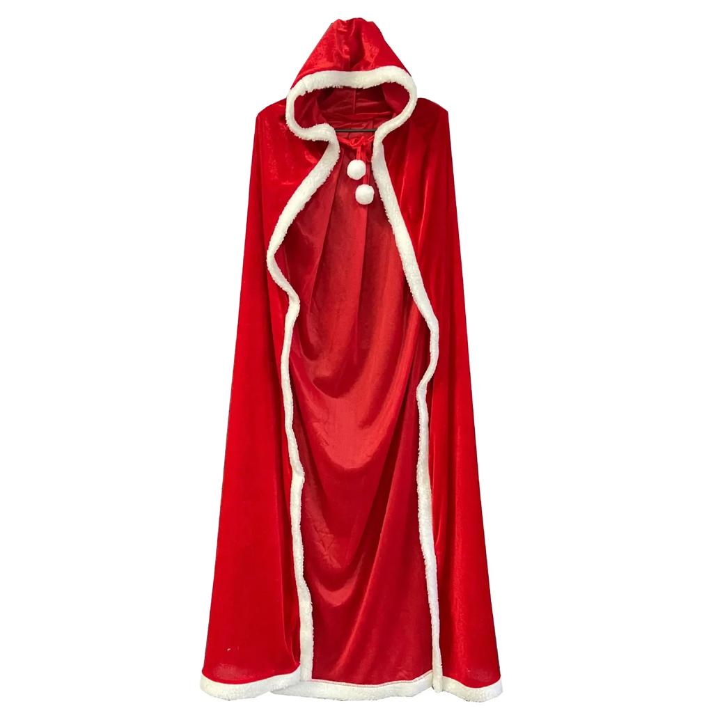 3PCS Christmas Shawl Cape Hooded Santa Claus Costume Christmas Performance Costume Red with Hat Cosplay Costume Winter Warm Coat