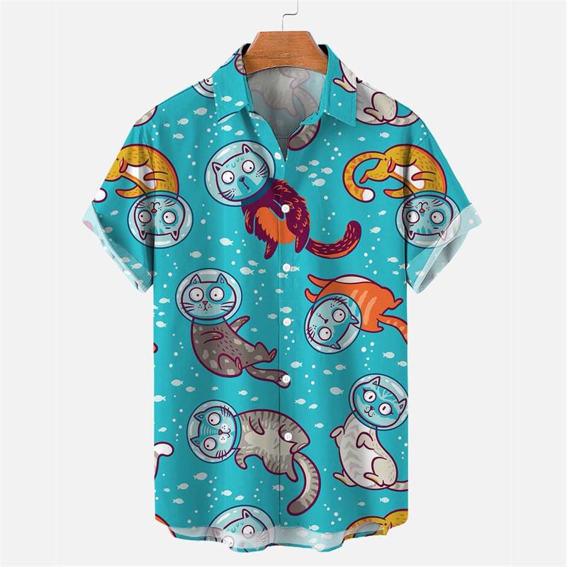 Fashion 3d Printed Cartoon Cat Hawaiian Shirt For Men Summer Vacation Button Down Lapel Shirts Cool Street Short Sleeve Blouse