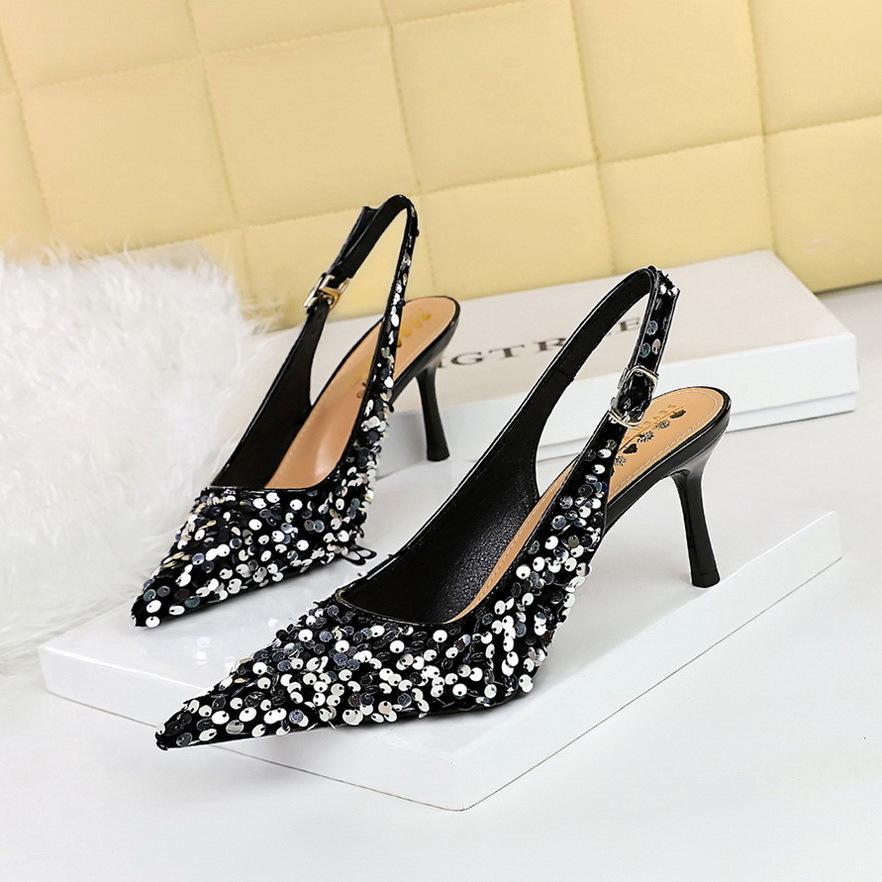 Fashion Fashion Bling Design Heeled Sandals Women Summer Sexy Pointed Toe Hollow Back Strap Thin High Heels Elegant Banquet Women Pumps