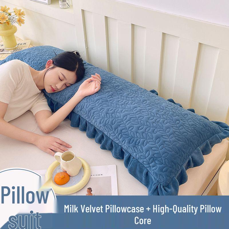 Solid Color Milk Fleece Double Long Pillowcase with Core, Available in 1.2m, 1.5m, 1.8m - Plus Velvet, Couple Style 48x100cm [1 Pillow Core + 1 Pillowcase]