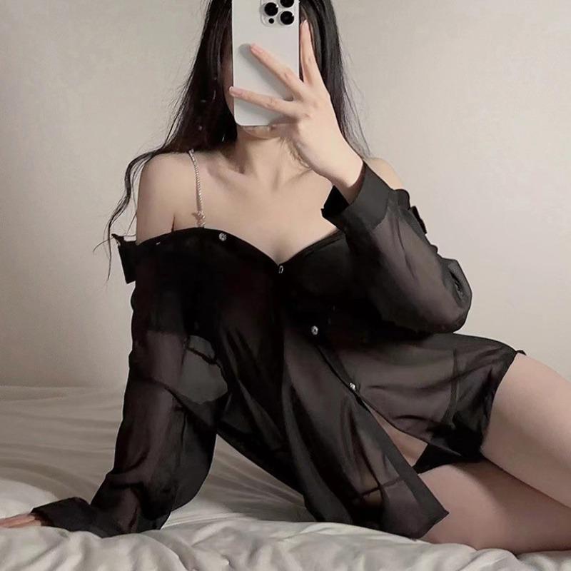 Pajamas women's summer perspective sexy private room pure desire long-sleeved boyfriend wind shirt scheming hot temptation