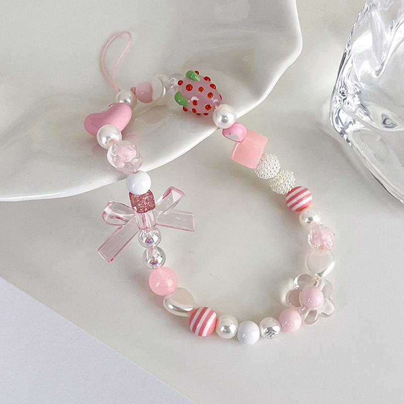 Telefoonkoordje met schattige aardbeibloemkralen, bedeltje met knoop, sleutelhanger voor mobiele telefoon, tas, camera, telefoonhoesje, hanger