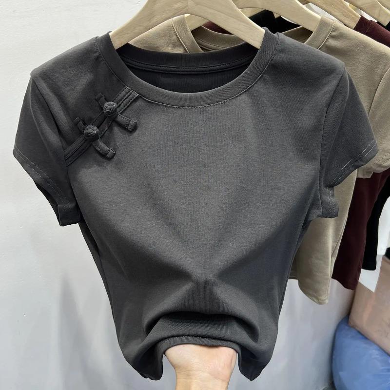 Chinese Style Summer T Shirts Women Crop O Neck Gentle Buttons Soft Designed Short Sleeve Pure College Retro