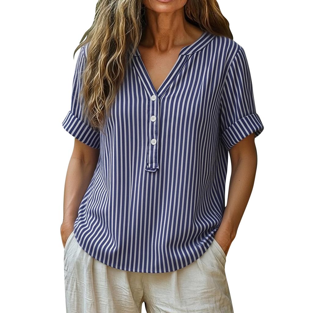 Chemise rayée élégante à boutons en coton et lin pour femme, idéale pour l'été.