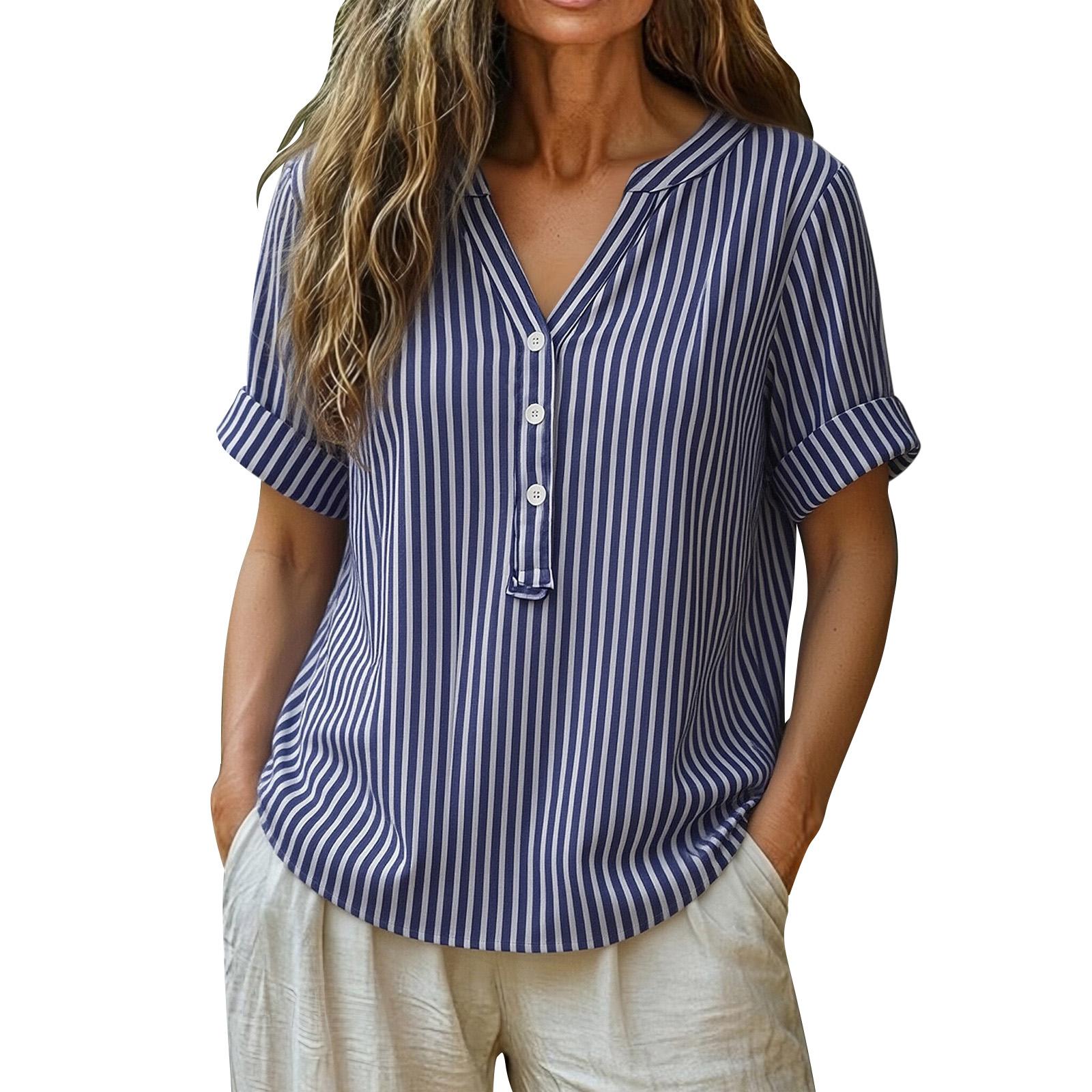 Women s Summer Top Stylish Button-Down Cotton-Linen Striped Shirt S синий