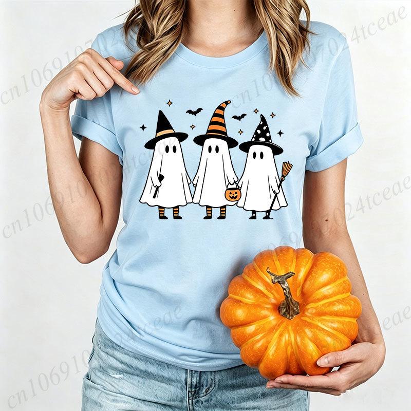 Women Halloween T Shirt Ghosts with Witch Hats Graphic Tees Family Matching Bat Pumpkin Short Sleeve Tops Halloween Party Tshirt