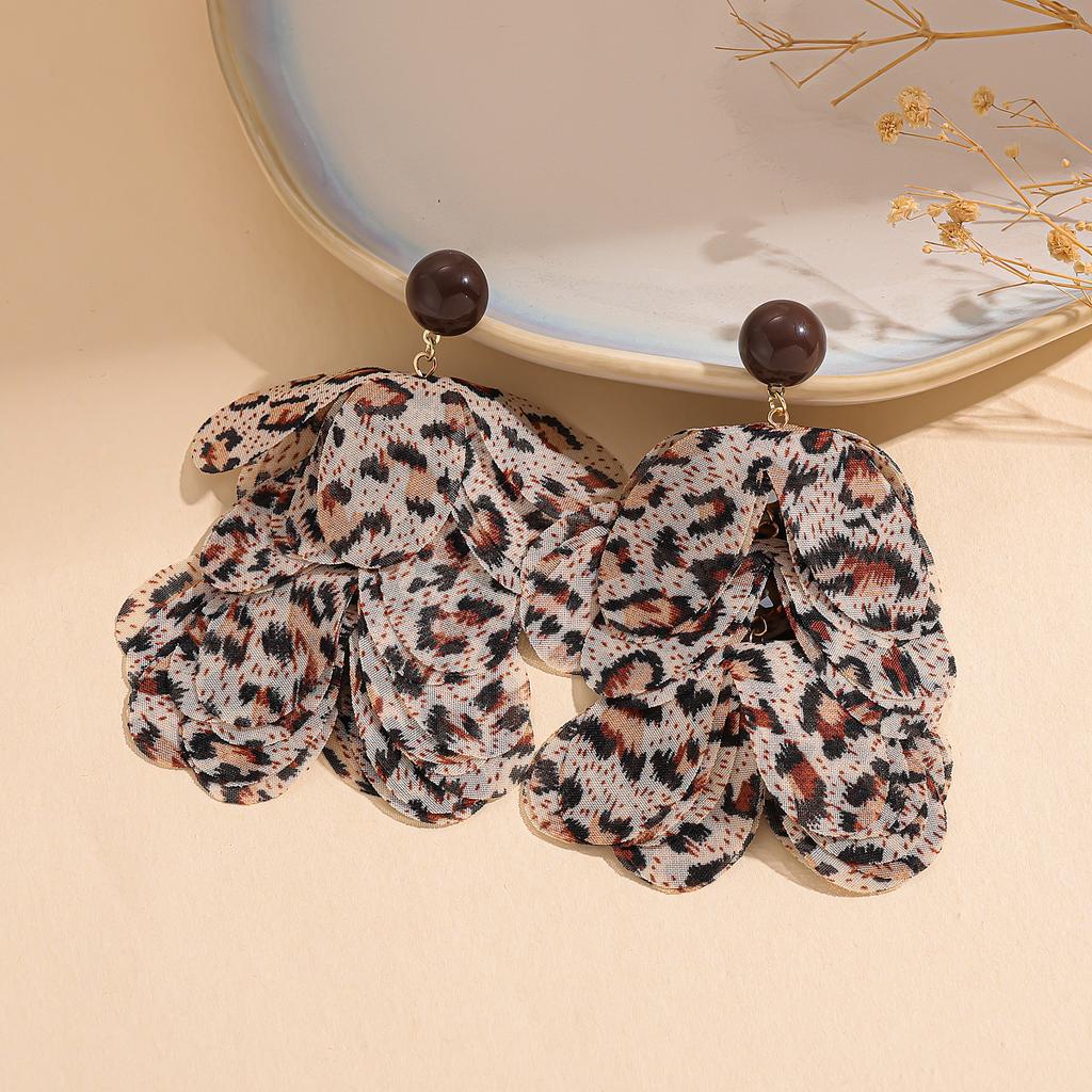 Chiffon Fabric Leopard Print Petals Tassel Earrings Temperament High-end Earrings for Women