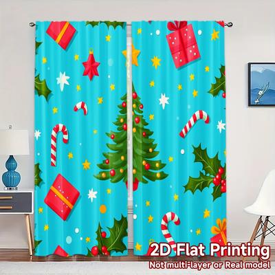 2pcs,Curtains Christmas Tree Gift Holly Star Popular Curtains&Window Treatment Yarn Curtains Room Decor Perfect for Bedroom,