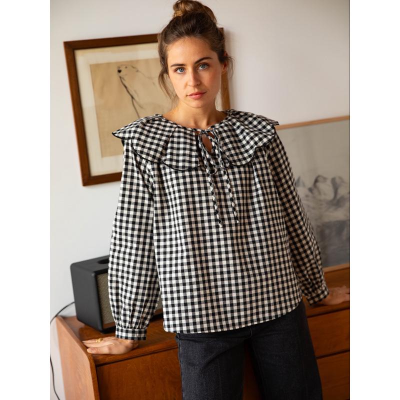 Black & White Plaid Multi-layer Collar Lace-up Long Sleeve Women s Top 4XL