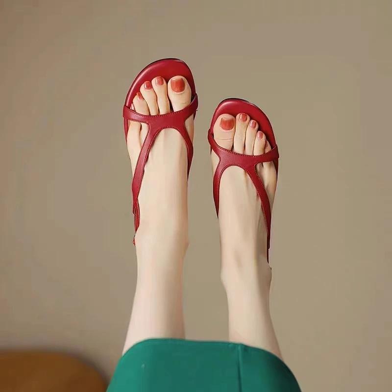 Fashion 2025 Summer New Soft Leather Sandals for Women's Fashion Style, Open Toe Middle Heel Sandals, French Round Head Strap Sandals