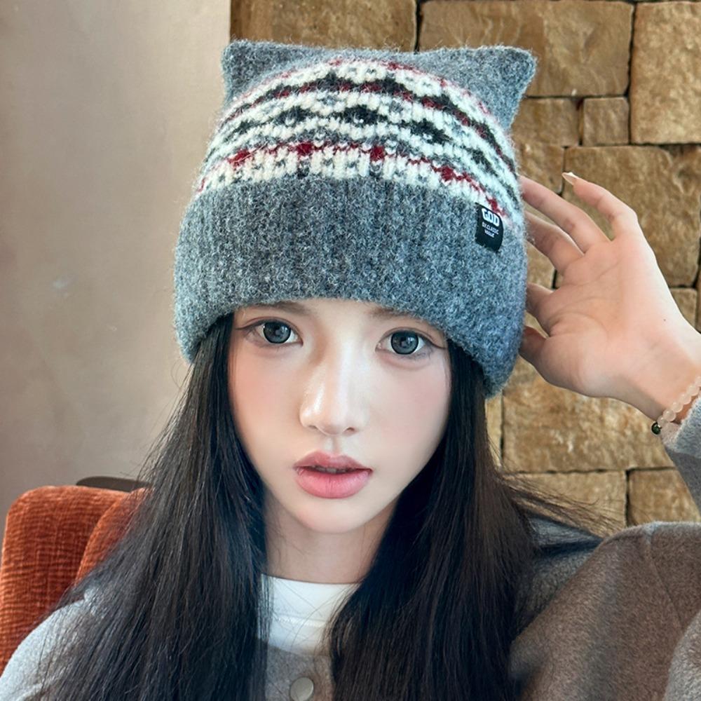 

Fleece-lined Jacquard Knitted Hat Fair Isle Style Printing Knit Cap Apparel Accessories серый