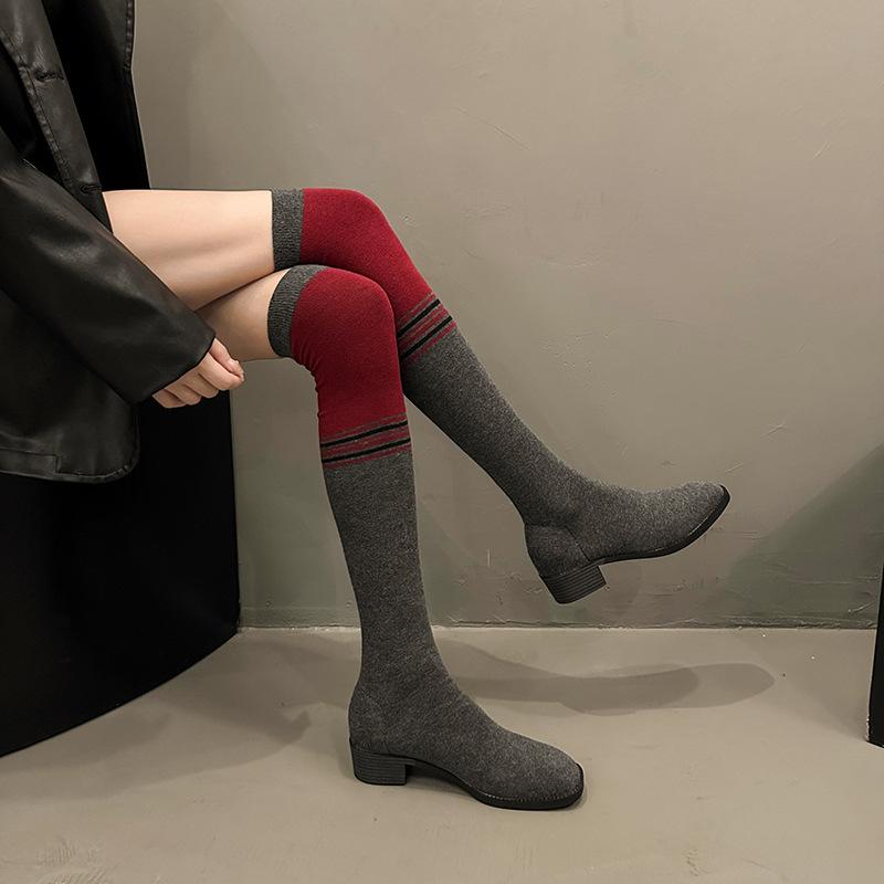 Autumn Fashion Thin Elastic Thin Boots Women's Knitted Color Matching Knee Piling Boots New Two-wear Socks Boots