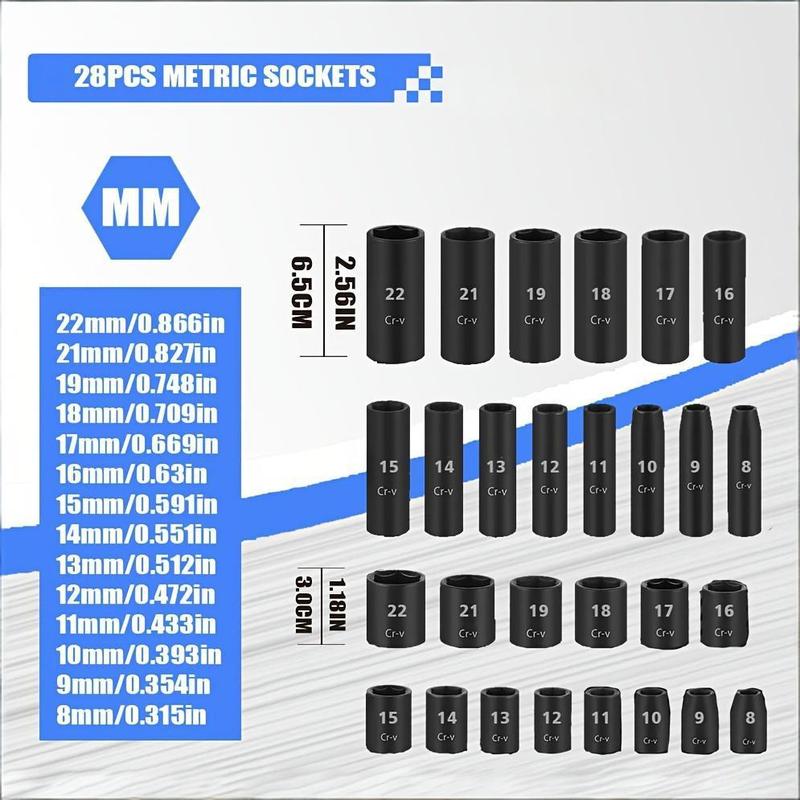 50-Piece 3/8" Drive Socket Set SAE & Metric - Chrome Vanadium Steel Impact Sockets with Extension Bar & Ratchet Wrench