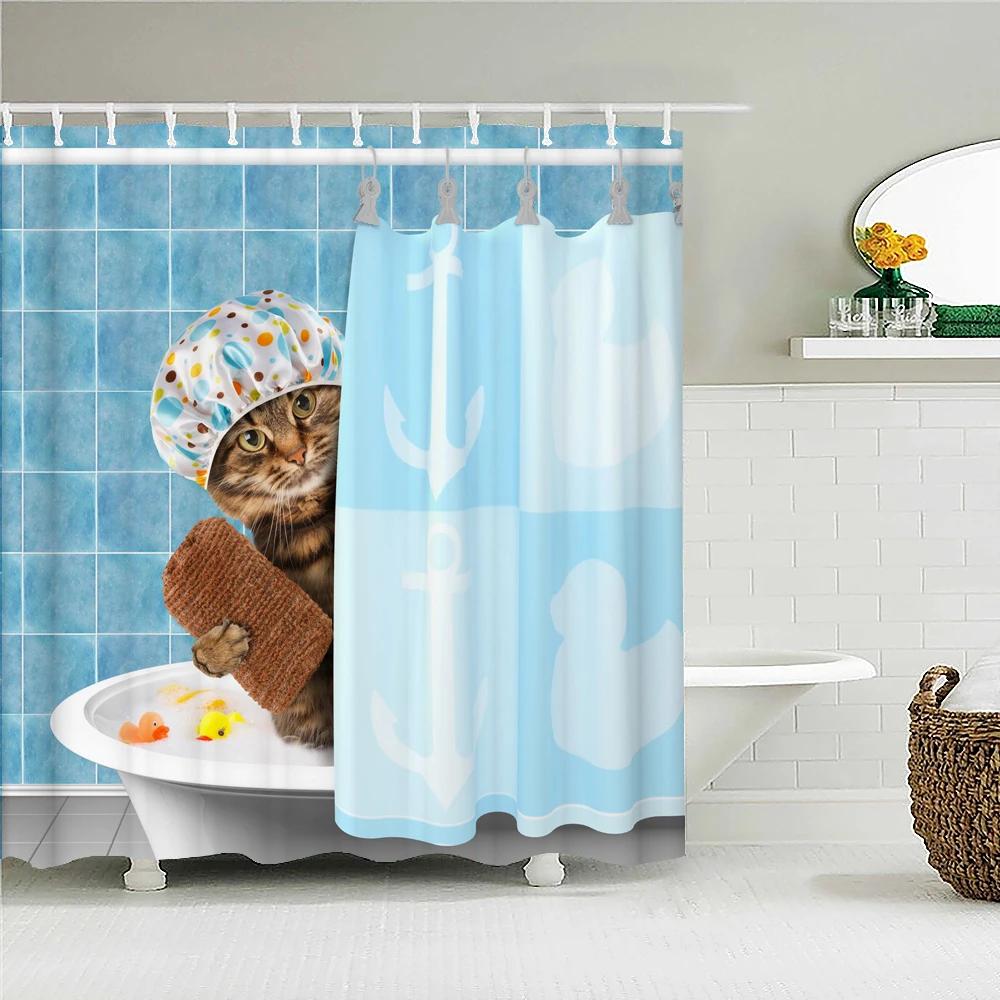 Funny Cute Cartoon Bathing Cat Dog Shower Curtains Bathroom Bathtub Decoration Waterproof Bath Curtain Home Decor with Hooks