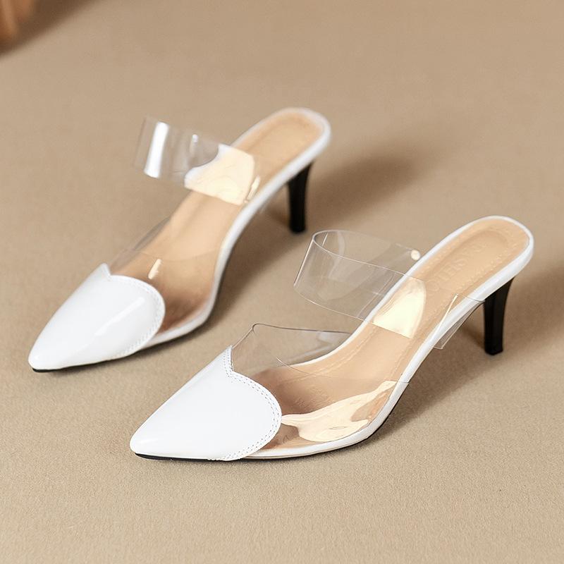 Fashion Pointed Toe Slippers,2024 High Heeled Summer Shoes,Transparent PVC Slides,Outside Wearing,Slip On,Black,White,Red,35-40,Dropship