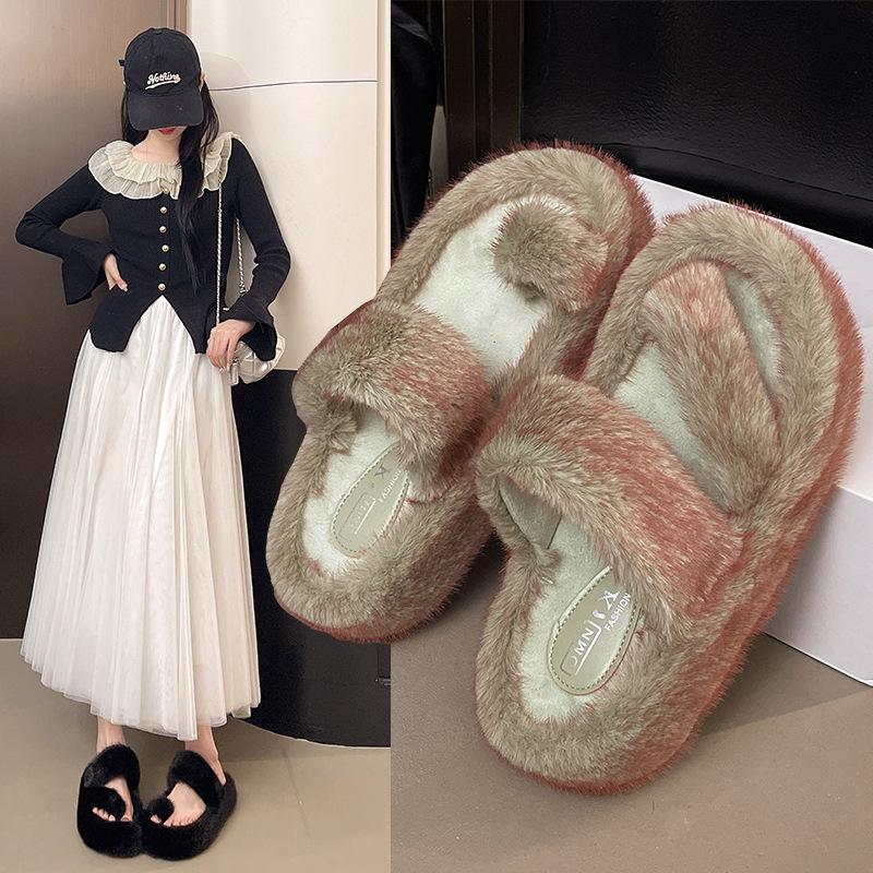 2025 spring and autumn new small muffin thick bottom heightening plush fluffy cotton slippers women wear home fluffy shoes