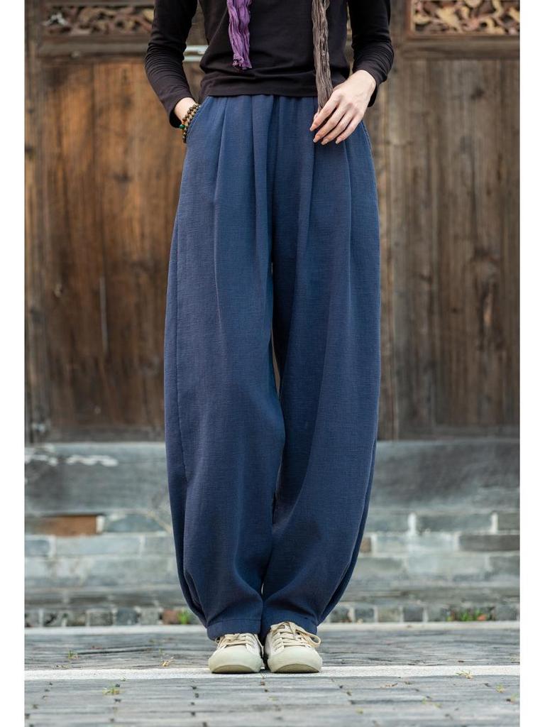 Women's Autumn/Winter Cotton Linen Sand Wash Loose Long Pants with Fleece Lining - Slimming Lantern Style