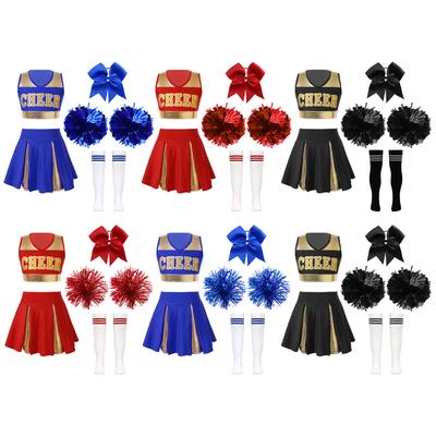 Kids Girls Shiny Cheerleading Costume Schoolgirls Dance Dress Uniform Complete Outfit with Pom Poms for Halloween Party