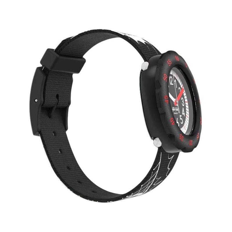 Swatch Flik Flak Feifei Series Quartz Movement 30 Meters Waterproof Unisex Swiss Watch 34.75mm Black Dial Plastic Case Fabric Strap ZFPSP064